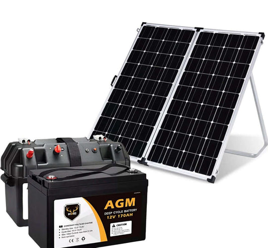 300W Folding Camping Solar Panels + 170Ah AGM Deep Cycle & Battery Box