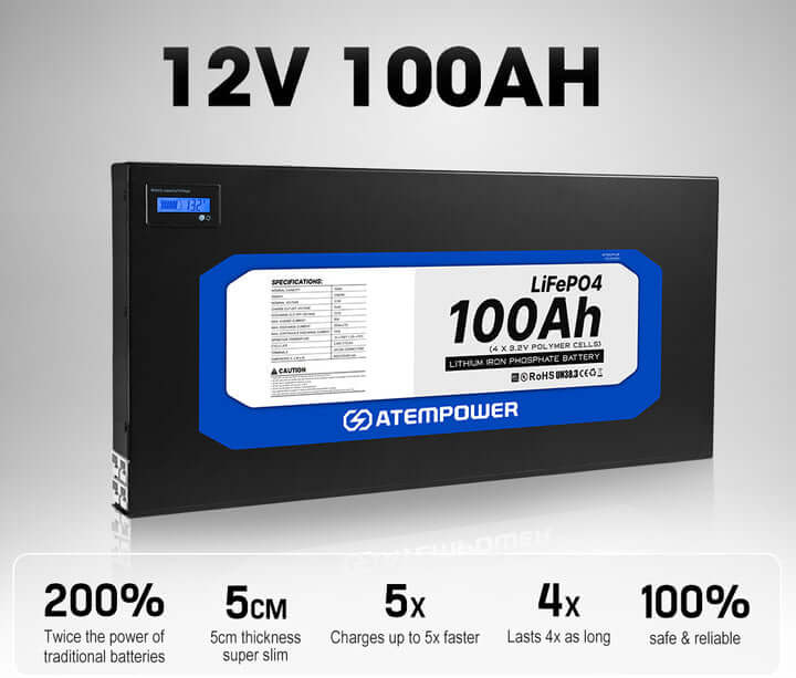 ATEMPOWER 12V 100Ah Slimline Lithium Battery LiFePO4 Deep Cycle Battery