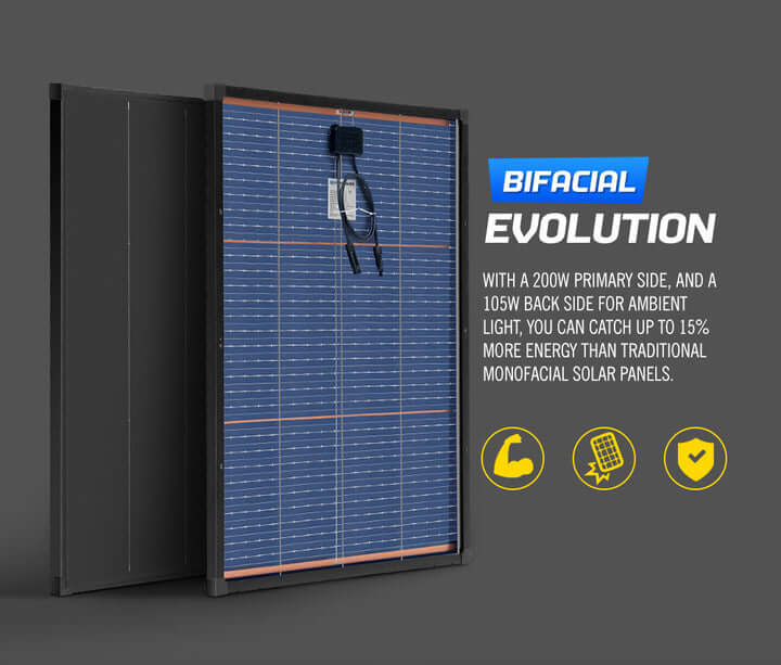 ATEM POWER 12V 200W Shingled Bifacial Fixed Solar Panel + Solar Mounting Brackets