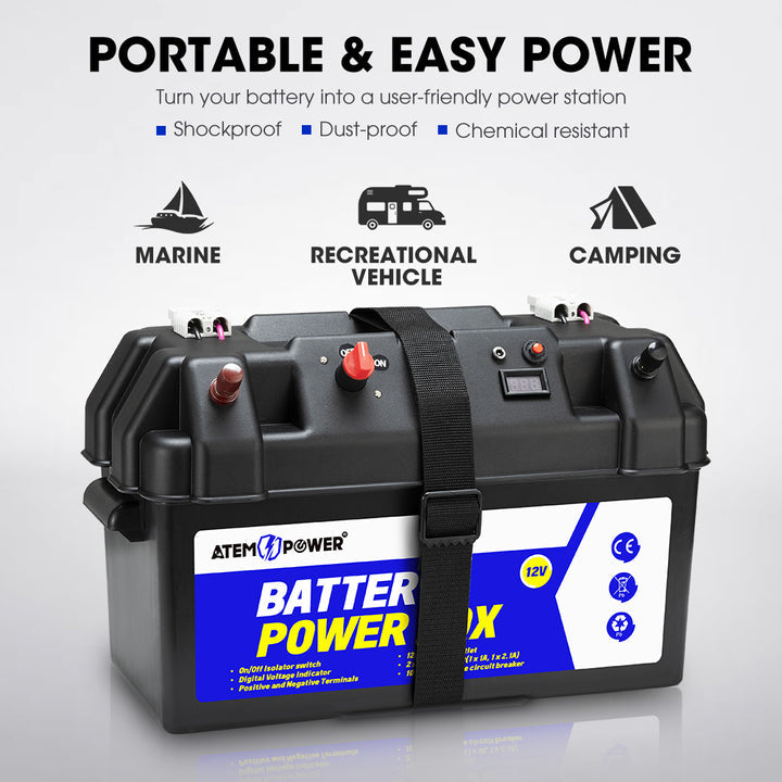 Atem Power Battery Box 12V Portable Deep Cycle AGM Universal Large Marine