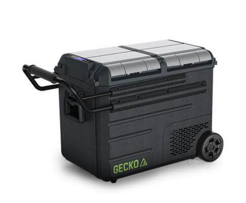Gecko 55L Dual Zone Portable Fridge Freezer with onboard Lithium Battery 12V/24V/240V with 2 Doors, Wheels, for Camping, Car, Outings