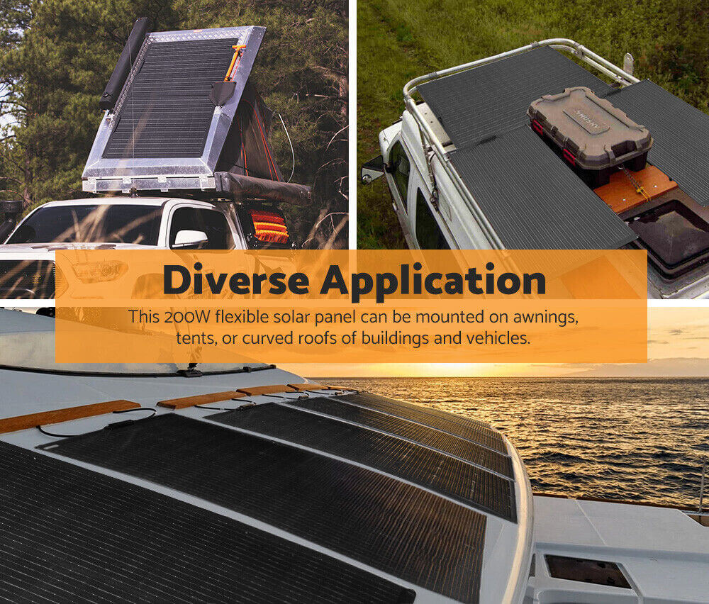 200W Flexible Solar Panel Mono Cells 12V Boat Camping Caravan RV 4WD Black