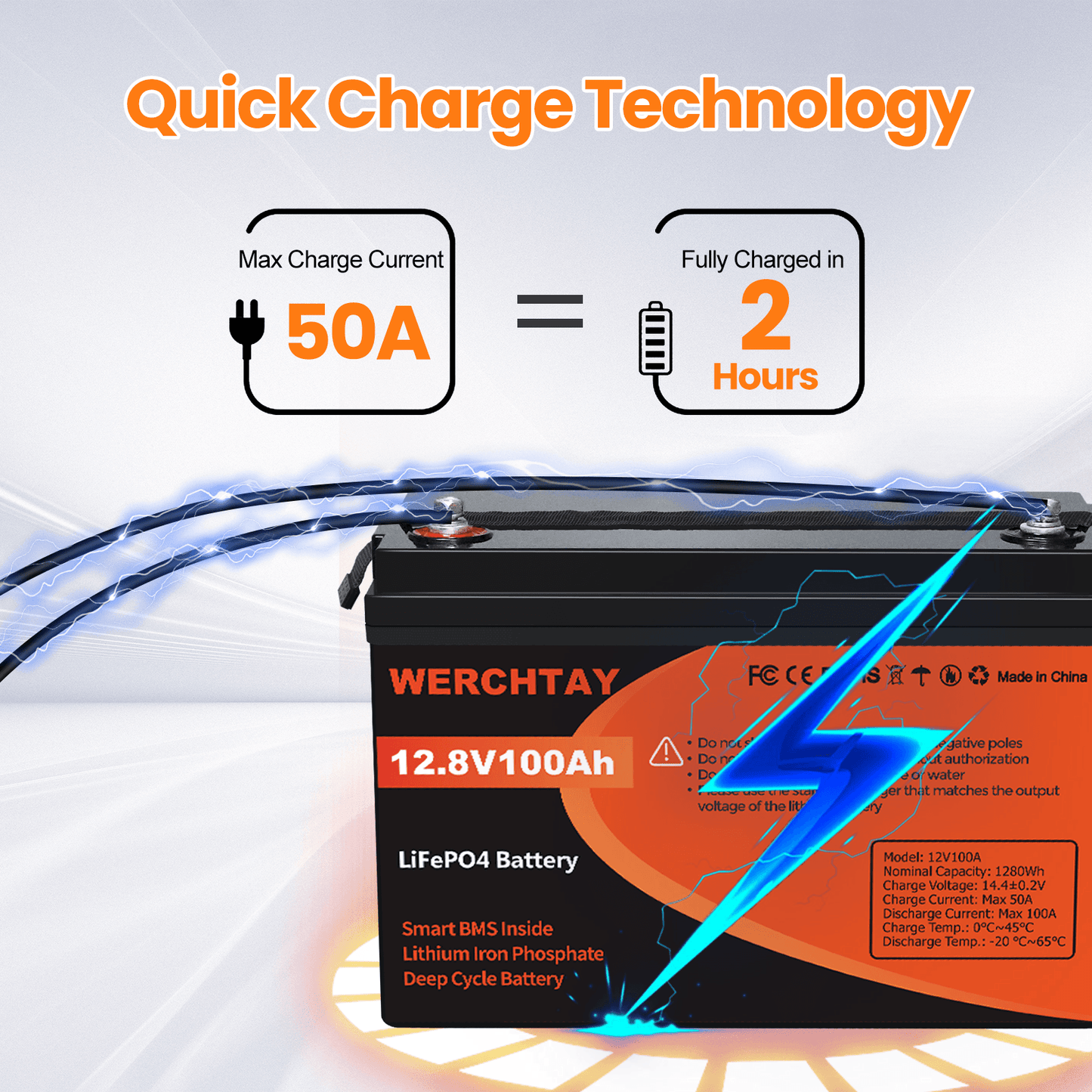 WERCHTAY 12V 100AH Lithium Iron Battery LiFePO4 Deep Cycle BMS Rechargeable Bluetooth