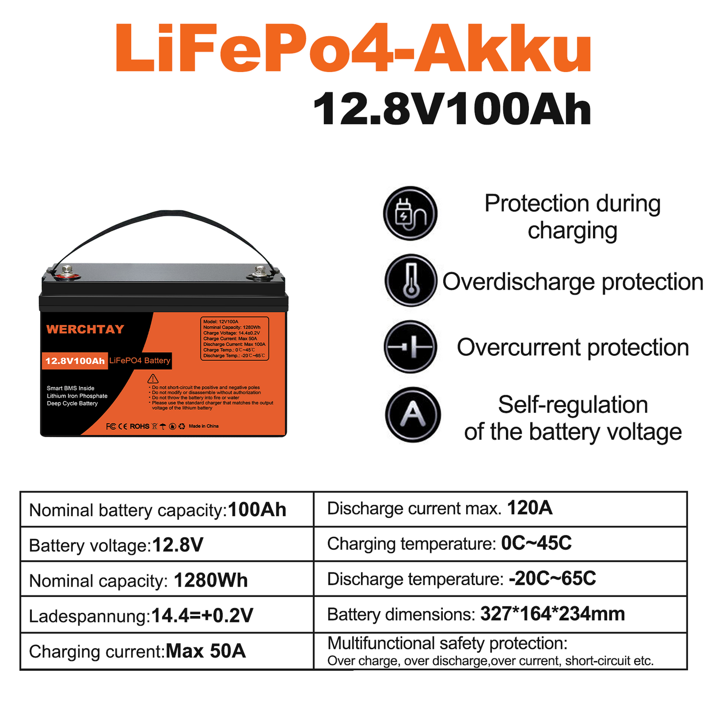 WERCHTAY 12V 100AH Lithium Iron Battery LiFePO4 Deep Cycle BMS Rechargeable Bluetooth