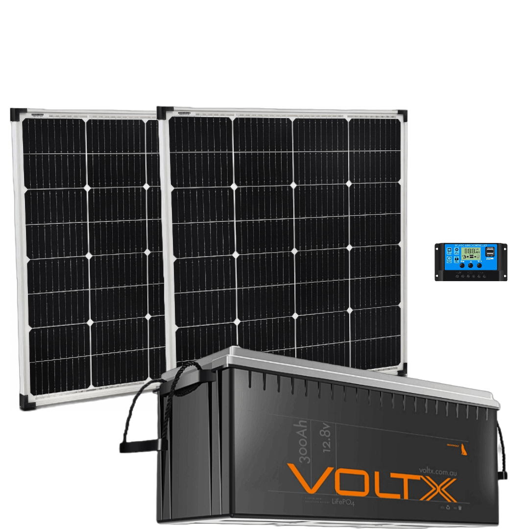 VOLTX 12V 300AH PLUS LIFEPO4 BATTERY + 2X 100W FIXED PORTABLE SOLAR PANEL