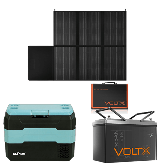  VoltX 12V 200W Mono Folding Solar Blanket + VoltX 12V 100Ah Lithium Battery & Glacio 40L Portable Fridge Freezer