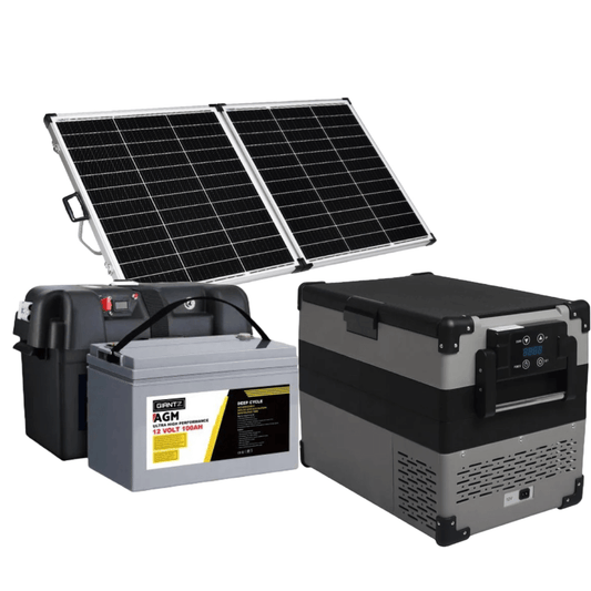 300W 12V Mono-Si Folding Camping Solar Panels + 100Ah 12V AGM Deep Cycle Battery + 35L Portable Fridge Freezer