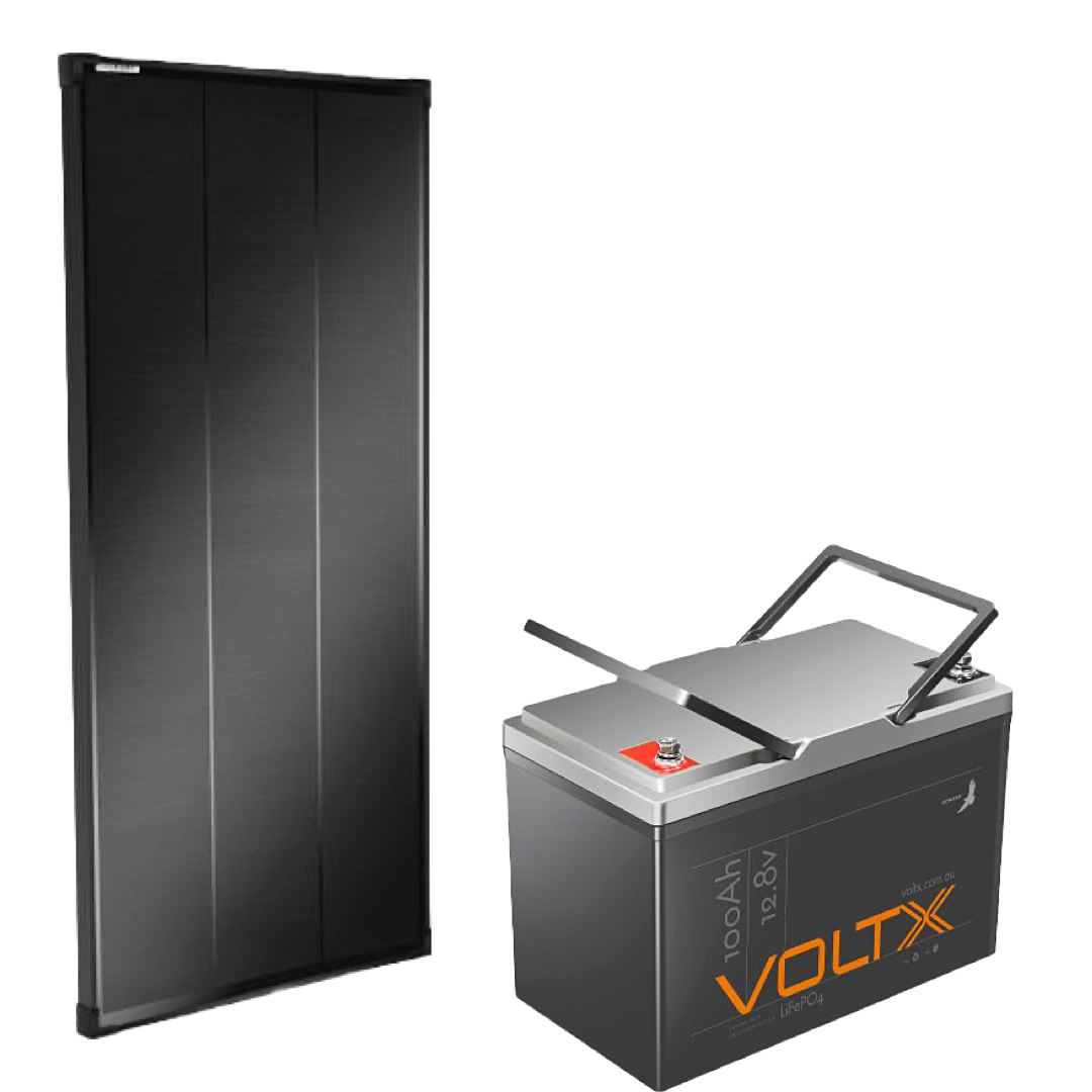 Voltx 12V 130W Premium Shingled Fixed Solar Panel + VoltX 12V 100Ah LiFePO4 Lithium Battery