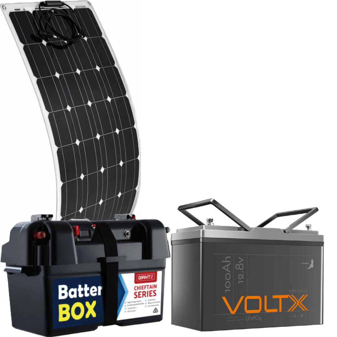 VOLTX 12V 100W MONO FLEXIBLE SOLAR PANEL + VOLTX 100AH 12V LITHIUM BATTERY & BATTERY BOX