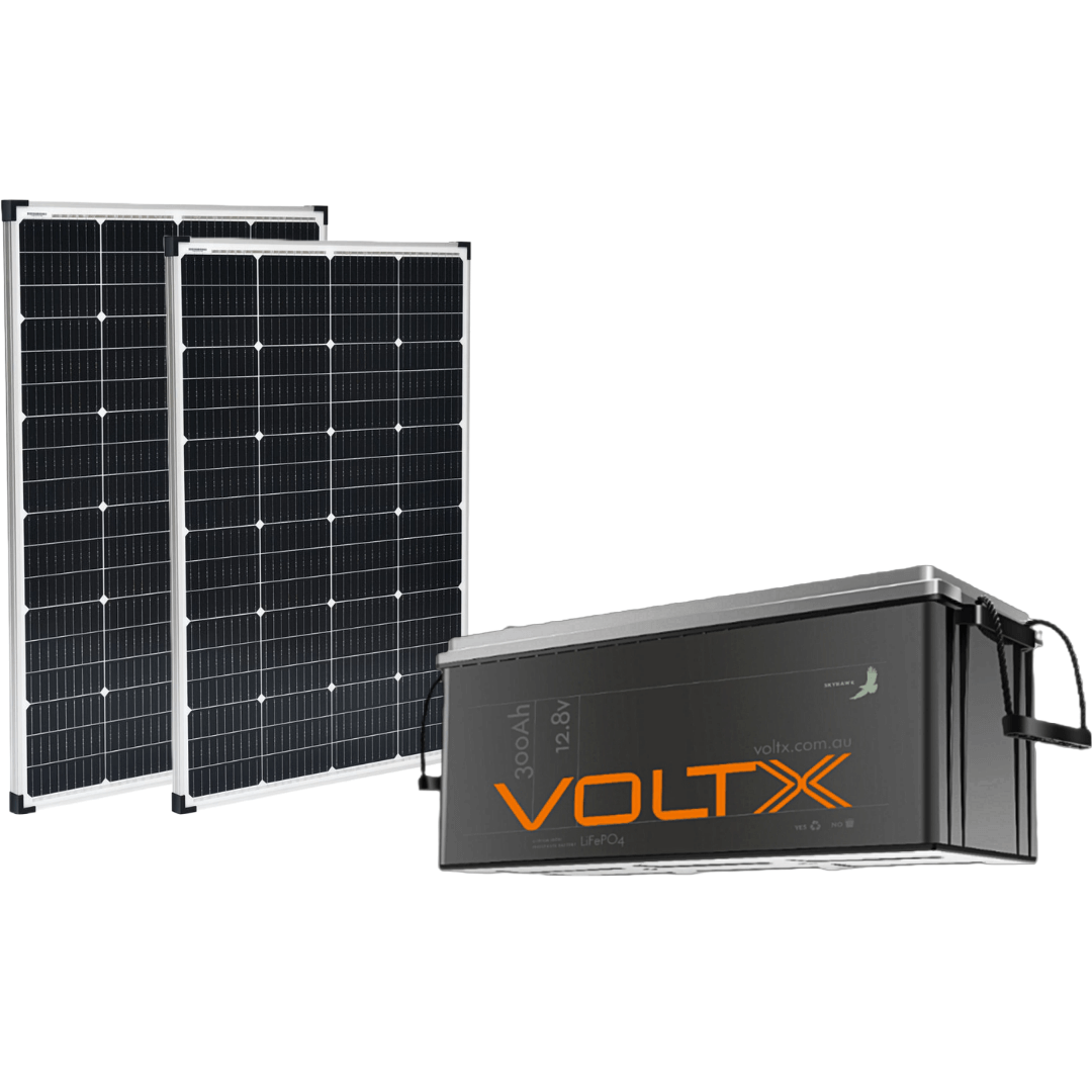 2x 300W 12V Mono StarPower Portable Fixed Solar Panel + VoltX 12V 300Ah LiFePO4 Deep Cycle Battery