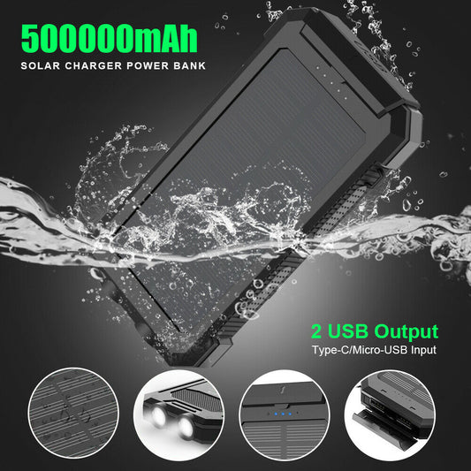 500000mAh Portable Waterproof Solar Panel Dual USB Power Bank Pack Charger