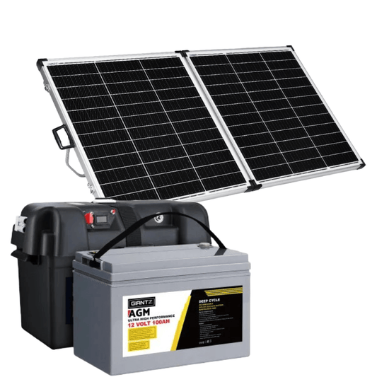 300W 12V Mono-SI Folding Camping Solar Panels + 100AH 12V AGM Deep Cycle Battery & Battery Box