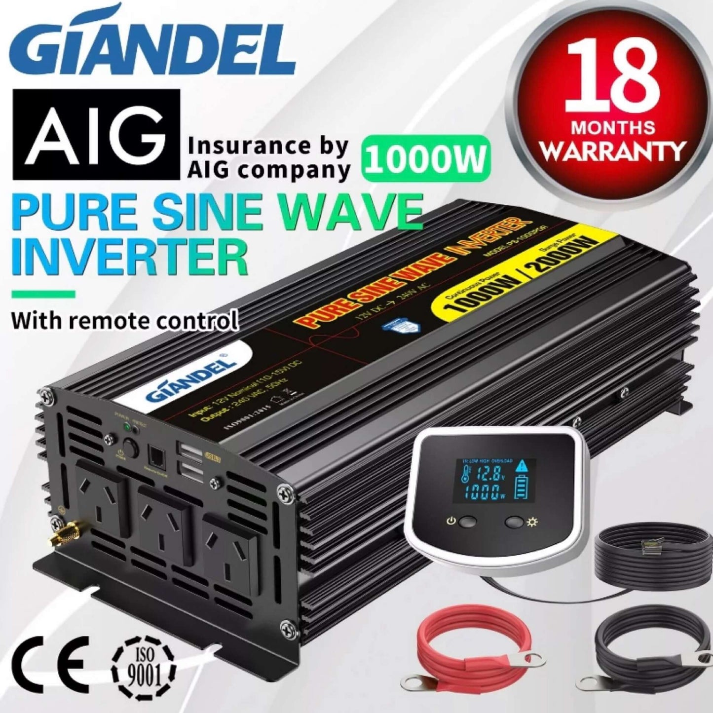 Giandel Pure Sine Wave Inverter- 1000W/2000W 12V/240V