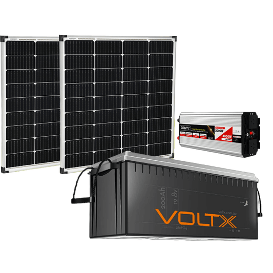 2x 200W 12V MONO FIXED CAMPING SOLAR PANEL + VOLTX 12V 200AH LIFEPO4 DEEP CYCLE BATTERY & 2000W PURE SINE WAVE POWER INVERTER