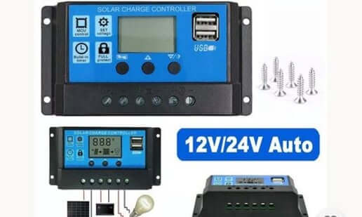 MaxRay Solar Smart Controller, 12/24V (with USB Ports), Bonus Battery Cable With Alligator Clips
