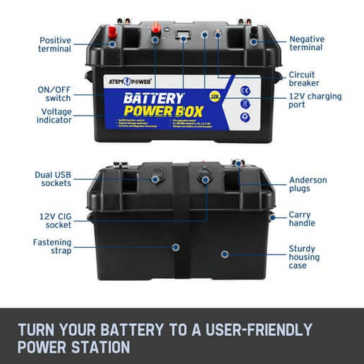  ATEM POWER 12V Battery Box For AGM GEL LifePO4 Adjustable Dual USB